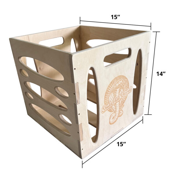 A larger wooden crate with vertical and oval cutout handles on the sides and a laser-engraved Snake Park Records logo featuring a cobra on the front. The crate is empty and measures 15 inches in length, 15 inches in width, and 14 inches in height.